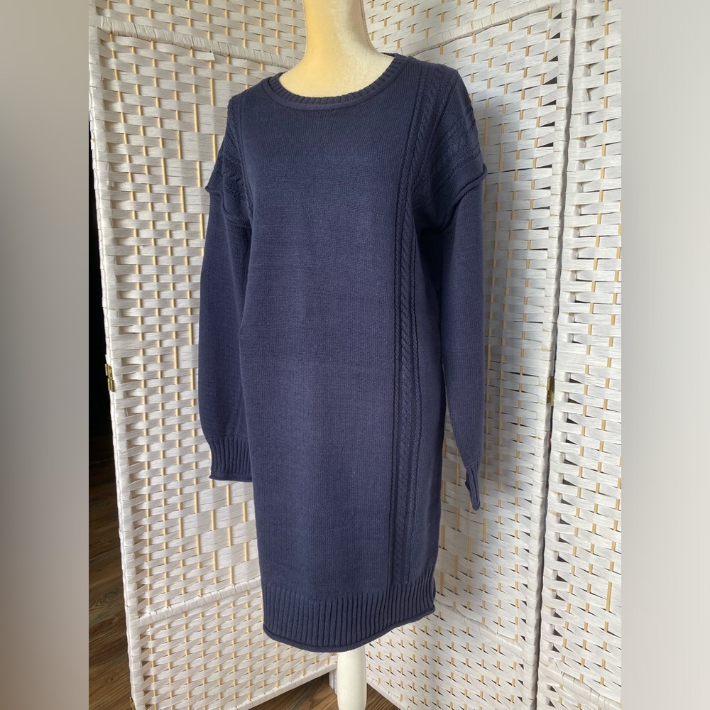 NWT Hem & Thread Cable Detailed Bubble Sleeve Sweater Mini Dress Navy Blue